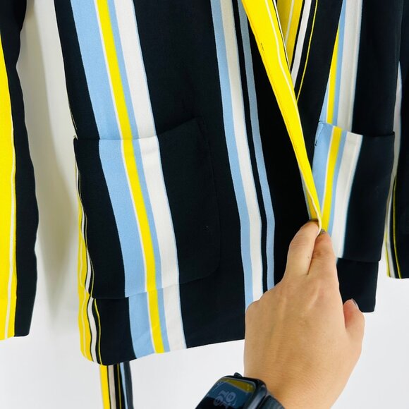 Halogen Blue Yellow Striped Shawl Neck Long Sleeve Tie Waist Pocket Blazer M - Picture 7 of 10